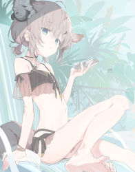 Rule 34 | 1girl, animal ear fluff, animal ears, arknights, bare legs, bare shoulders, barefoot, behind-the-head headphones, bikini, black bikini, blue eyes, cellphone, commentary, grey hair, hair between eyes, hand up, headphones, highres, holding, holding phone, kinutani yutaka, low twintails, material growth, navel, official alternate costume, oripathy lesion (arknights), parted lips, phone, see-through, short twintails, sitting, soles, solo, sussurro (arknights), sussurro (summer flower) (arknights), swimsuit, tail, twintails