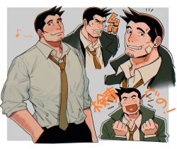 Rule 34 | 1boy, ^ ^, ace attorney, bad id, bad twitter id, bandaid, bandaid on face, black hair, close-up, closed eyes, coat, collage, collared shirt, dick gumshoe, facial hair, green coat, looking at viewer, male focus, multiple views, musical note, necktie, object behind ear, open clothes, open coat, paguraisu, pectorals, shirt, short hair, sleeves rolled up, smile, spiked hair, stubble, translation request, upper body