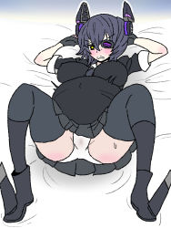 Rule 34 | artist request, ass, black hair, blush, eyepatch, gloves, kantai collection, kuroihi (kuroihitsuji), lying, navel, nipples, on back, on bed, open mouth, panties, pregnant, purple hair, short hair, skirt, spread legs, stained panties, tenryuu (kancolle), thighhighs, underwear, wet, wet clothes, wet panties, yellow eyes