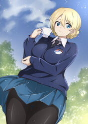Rule 34 | 1girl, black pantyhose, blonde hair, blue eyes, blue skirt, blue sky, closed mouth, cloud, cup, darjeeling (girls und panzer), day, girls und panzer, hair between eyes, highres, holding, holding cup, long sleeves, nakahira guy, outdoors, pantyhose, short hair, skirt, sky, smile, solo, teacup, thighs