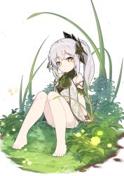 Rule 34 | 1girl, artist request, bare shoulders, barefoot, detached sleeves, dress, genshin impact, gradient hair, grass, green eyes, green hair, hair between eyes, hair ornament, head tilt, highres, knees together feet apart, long hair, looking at viewer, multicolored hair, nahida (genshin impact), shiny skin, short shorts, shorts, side ponytail, sitting, solo, transparent background, very long hair