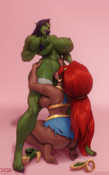 Rule 34 | 2girls, ass, bandaged leg, bandages, barretxiii, black hair, blue lips, grabbing another&#039;s breast, breasts, clothed sex, clothes, colored skin, cunnilingus, dark-skinned female, dark skin, ear piercing, gerudo, gerudo set (zelda), grabbing, grabbing own breast, green skin, gruntilda, gruntilda winkybunion, highres, huge ass, huge breasts, interracial, lipstick, lipstick mark, long hair, makeup, multiple girls, muscular, muscular female, nintendo, nipples, oral, orc, piercing, pointy ears, ponytail, pussy juice, pussy juice drip, pussy juice puddle, red hair, grabbing own breast, the legend of zelda, the legend of zelda: breath of the wild, torn clothes, urbosa, yuri