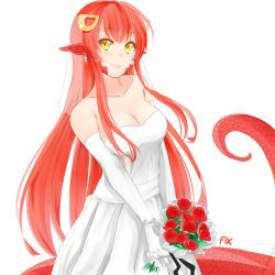 Rule 34 | 1girl, bare shoulders, blush, bouquet, bridal veil, collarbone, dress, earrings, elbow gloves, fikkyun, flower, gloves, hair ornament, highres, jewelry, lamia, long hair, miia (monster musume), monster girl, monster musume no iru nichijou, pointy ears, red hair, scales, simple background, slit pupils, smile, solo, veil, wedding dress, yellow eyes
