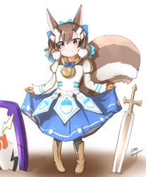 Rule 34 | 1girl, animal costume, animal ear fluff, animal ears, boots, brown eyes, brown hair, chipmunk costume, chipmunk ears, chipmunk girl, chipmunk tail, dress, gloves, kemono friends, kemono friends v project, looking at viewer, microphone, multicolored hair, open mouth, ribbon, scarf, shield, short hair, siberian chipmunk (kemono friends), simple background, smile, solo, sword, tail, taurine 8000mg, virtual youtuber, weapon, white hair