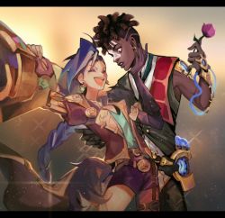 Rule 34 | 1boy, 1girl, :d, alternate costume, alternate hairstyle, black gloves, braid, brown pants, closed eyes, collaboration, d (xxl30433461), dark-skinned male, dark skin, dreadlocks, earrings, ekko (league of legends), facial mark, flower, gloves, glowing, gradient background, grey shirt, happy, highres, holding, holding flower, holding weapon, jacket, jewelry, jinx (league of legends), league of legends, letterboxed, long hair, looking at another, open clothes, open jacket, open mouth, pants, pink flower, puffy short sleeves, puffy sleeves, purple shorts, red jacket, red vest, rocket launcher, shirt, short sleeves, shorts, single braid, smile, teeth, vest, weapon, yasutsuki (tsuki19669056)