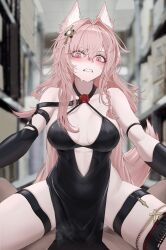 Rule 34 | 1boy, 1girl, absurdres, animal ears, arknights, bare shoulders, black dress, breasts, clenched teeth, commission, dress, girl on top, hair intakes, hair ornament, highres, implied sex, large breasts, long hair, looking at viewer, mildt, pelvic curtain, pink eyes, pink hair, pozyomka (arknights), sleeveless, sleeveless dress, spread legs, tail, teeth, thigh strap, thighs, very long hair, wolf ears, wolf tail