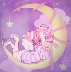 Rule 34 | 1girl, aikatsu!, aikatsu! (series), amahane madoka, bare legs, cloud, commentary, crescent moon, gradient eyes, highres, holding, holding stuffed toy, long sleeves, looking at viewer, lying, moon, multicolored eyes, on stomach, pajamas, parted bangs, pink hair, purple background, purple eyes, purple pajamas, scrunchie, slippers, solo, star (symbol), stuffed animal, stuffed rabbit, stuffed toy, toon (noin), twintails, wings