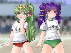 Rule 34 | 2girls, absurdres, arms at sides, bare arms, bare legs, blurry, blurry background, blush, buruma, cameltoe, circlet, cowboy shot, crowd, crown, dragon girl, extra, fire emblem, fire emblem: mystery of the emblem, fire emblem: shadow dragon, fire emblem: the sacred stones, gluteal fold, green buruma, green eyes, green hair, gym shirt, gym uniform, hair ornament, hair tie, hand to own mouth, hand up, highres, long hair, looking at another, looking up, midorinor, multi-tied hair, multiple girls, myrrh (fire emblem), name tag, nintendo, pale skin, parted lips, people, pink ribbon, pointy ears, ponytail, purple hair, red buruma, red eyes, ribbon, shiny skin, shirt, short sleeves, sports festival, standing, thighs, tiara, tiki (fire emblem), tiki (young) (fire emblem), twintails, very long hair, white shirt