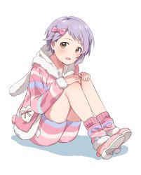 Rule 34 | animal hood, blush, bow, commentary request, dot nose, hair bow, hands on own knees, heart, highres, hood, hooded pajamas, idolmaster, idolmaster million live!, knokzm, legs, long sleeves, looking at viewer, makabe mizuki, pajamas, parted lips, pink bow, pink footwear, pink pajamas, pink ribbon, pink socks, purple hair, rabbit hood, rabbit tail, ribbon, short hair, shorts, sitting, socks, solo, striped clothes, striped pajamas, striped socks, tail, white background, yellow eyes
