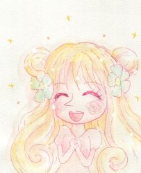 Rule 34 | 1girl, blonde hair, closed eyes, double bun, dwarf, flower, gradient background, hair bun, hair flower, hair ornament, mansherry (one piece), one piece, open mouth, own hands clasped, own hands together, princess, smile, solo, sparkle, traditional media