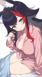 Rule 34 | 1girl, absurdres, alternate costume, animal ear fluff, animal ears, black hair, breasts, cleavage, collared shirt, hair flaps, head tilt, highres, hiroikara (smhong04), hololive, large breasts, long hair, looking at viewer, multicolored hair, no pants, on bed, ookami mio, open mouth, partially unbuttoned, pink shirt, red hair, shirt, simple background, sitting, solo, streaked hair, tail, virtual youtuber, white background, wolf ears, wolf girl, wolf tail, yellow eyes
