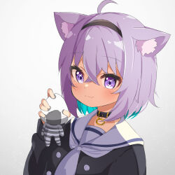 Rule 34 | 1girl, absurdres, ahoge, ame., animal ear fluff, animal ears, black hairband, black shirt, blue hair, breasts, cat ears, closed mouth, commentary request, gradient background, grey background, hair between eyes, hairband, highres, holding, hololive, long sleeves, medium breasts, multicolored hair, nekomata okayu, nekomata okayu (casual), onigirya (nekomata okayu), puffy long sleeves, puffy sleeves, purple eyes, purple hair, sailor collar, shirt, smile, two-tone hair, upper body, virtual youtuber, white sailor collar