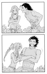 Rule 34 | 1boy, 1girl, aerith gainsborough, bare arms, bare shoulders, black hair, blush, braid, braided ponytail, commentary request, couple, crisis core final fantasy vii, cross scar, crossed arms, dress, earrings, facial scar, final fantasy, final fantasy vii, flower, greyscale, hair ribbon, height difference, highres, jewelry, long hair, looking at another, monochrome, one eye closed, open mouth, parted bangs, ribbed sweater, ribbon, scar, scar on cheek, scar on face, shouyu (soysoy), sidelocks, single earring, sleeveless, sleeveless dress, sleeveless turtleneck, spiked hair, sweater, teeth, turtleneck, turtleneck sweater, upper body, white background, zack fair