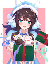 Rule 34 | 1girl, animal ears, black hair, blue eyes, blush, breasts, commentary request, creature and personification, daring tact (umamusume), gift, hair ornament, hat, highres, horse, horse ears, horse girl, kashmir 0808, looking at viewer, medium breasts, open mouth, santa costume, simple background, solo, umamusume
