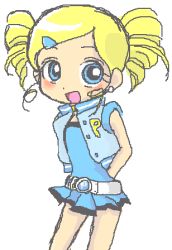 Rule 34 | 00s, 1girl, :d, arms behind back, belt, blonde hair, blue eyes, bubble, cowboy shot, dress, drill hair, earrings, goutokuji miyako, hair ornament, hairclip, jewelry, lowres, oekaki, open mouth, powerpuff girls, powerpuff girls z, rolling bubbles, short dress, sidelocks, simple background, smile, solo, twin drills, vest, white background