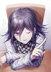 Rule 34 | 1boy, arm rest, black hair, chair, checkered clothes, checkered neckwear, checkered scarf, commentary request, danganronpa (series), danganronpa v3: killing harmony, from above, goto (sep), gradient background, gradient hair, grey background, hair between eyes, highres, index finger raised, jacket, long sleeves, looking at viewer, male focus, multicolored hair, notice lines, one eye closed, open mouth, oma kokichi, purple eyes, purple hair, scarf, sitting, smile, solo, table, two-tone hair, upper body, white jacket, wooden chair, wooden table