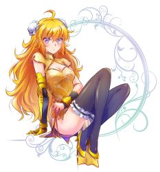 Rule 34 | 1girl, ahoge, black thighhighs, blonde hair, breasts, bun cover, china dress, chinese clothes, double bun, dress, frilled thighhighs, frills, hair bun, high heels, highres, iesupa, large breasts, long hair, pelvic curtain, prosthesis, prosthetic arm, purple eyes, rwby, solo, thighhighs, wavy hair, yang xiao long