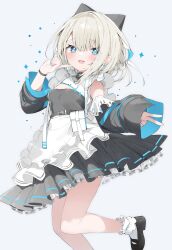 Rule 34 | 1girl, :d, absurdres, apron, black dress, black footwear, black sleeves, blue eyes, breasts, cleavage, commentary request, detached sleeves, dress, feet out of frame, frilled apron, frills, grey background, hair between eyes, highres, itoi toi (neo-porte), kamioka shun&#039;ya, light brown hair, long hair, long sleeves, looking at viewer, medium breasts, neo-porte, open mouth, pleated dress, simple background, sleeves past wrists, smile, socks, solo, standing, standing on one leg, v, virtual youtuber, waist apron, white apron, white socks