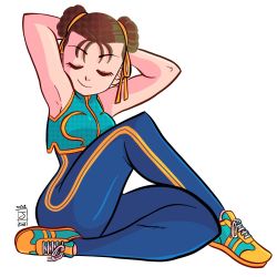 Rule 34 | 1girl, armpits, bodysuit, breasts, brown hair, capcom, chun-li, closed mouth, crossed legs, dated, double bun, closed eyes, full body, hair bun, highres, jaliet exe, on floor, signature, sitting, smile, solo, street fighter, street fighter zero (series), unitard, vest