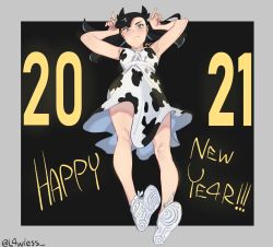 Rule 34 | 1girl, 2021, absurdres, alternate costume, animal print, armpits, artist name, asymmetrical bangs, black hair, blush, closed mouth, collarbone, commentary, cow print, creatures (company), dress, eyelashes, floating hair, game freak, green eyes, hands up, happy new year, highres, horns pose, knees, l4wless, long hair, marnie (pokemon), new year, nike (company), nike air force 1, nintendo, pokemon, pokemon swsh, shoe soles, shoes, signature, sleeveless, sleeveless dress, sneakers, solo, white dress, white footwear