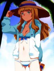Rule 34 | 1girl, bikini, blonde hair, cloud, day, glasses, hat, hood, hoodie, long hair, palm tree, perrine h. clostermann, shade, sky, solo, straw hat, strike witches, swimsuit, tabigarasu, tree, world witches series, yellow eyes