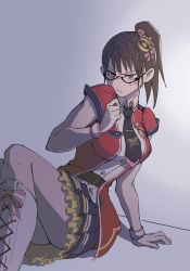 Rule 34 | arm support, bare arms, belt, belt buckle, black necktie, black skirt, boots, bow, brown hair, buckle, closed mouth, collared shirt, commentary request, crown, disgust, feet out of frame, foreshortening, frilled skirt, frills, glaring, glasses, grey background, hair bow, hand up, highres, idol, jacket, jujutsu kaisen, knee boots, long hair, looking at viewer, mini crown, necktie, pink bow, pink wristband, ponytail, purple eyes, red jacket, semi-rimless eyewear, shirt, short sleeves, sitting, skirt, solo, striped wristband, sweatdrop, togawahaha, twisted torso, under-rim eyewear, upskirt, white footwear, white shirt, wristband, yellow skirt, zenin maki