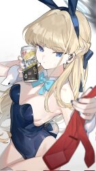 Rule 34 | 1girl, 1other, beer can, blonde hair, blue archive, blue bow, blue bowtie, blue eyes, blue leotard, bow, bowtie, breasts, can, cleavage, closed mouth, commentary, cosplay, detached collar, drink can, grey halo, halo, highres, holding, holding can, leotard, long hair, medium breasts, nao (syn eaa), necktie, necktie grab, neckwear grab, red necktie, simple background, solo, sweatdrop, thighhighs, toki (blue archive), toki (blue archive) (cosplay), white background, white thighhighs, wrist cuffs