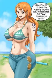 Rule 34 | 1girl, absurdres, arms behind back, ass, bikini, bikini top only, breasts, cleavage, curvy, day, half-closed eyes, highres, holding, holding weapon, huge breasts, large breasts, legs, long hair, looking at viewer, midriff, nami (one piece), navel, one piece, open mouth, pinkpawg, polearm, shiny skin, shoulder tattoo, smile, solo, swimsuit, tattoo, thick thighs, thighs, toned, very long hair, weapon, wide hips