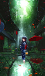 Rule 34 | 1girl, absurdres, architecture, bamboo, bamboo forest, black hair, blue kimono, building, commentary request, east asian architecture, forest, highres, holding, holding lantern, japanese clothes, kenzo 093, kimono, lantern, leaf, long hair, maple leaf, nature, original, outdoors, reflection, scenery, solo, wading, water, waterfall