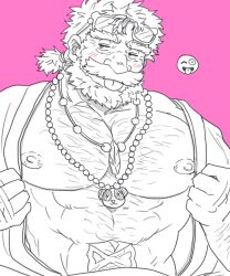 Rule 34 | 1boy, abs, bara, bare pectorals, bead necklace, beads, bear necklace, beard, blush, body hair, chest hair, clothes pull, commentary request, crystal necklace, emoji, eyewear on head, facial hair, hairy, highres, infinity tattoo, japanese clothes, jewelry, kimono, large pectorals, looking to the side, low ponytail, m cwfe, male focus, mature male, medium hair, multiple necklaces, muscular, muscular male, necklace, nipples, old, old man, open clothes, open kimono, pectorals, pink background, simple background, solo, sunglasses, thick eyebrows, thick mustache, tianzun (housamo), tokyo houkago summoners, tongue, tongue out, upper body