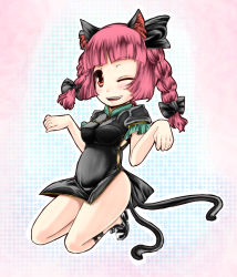 Rule 34 | 1girl, animal ears, bad id, bad pixiv id, braid, cat ears, cat girl, cat tail, china dress, chinese clothes, dress, female focus, kaenbyou rin, multiple tails, one eye closed, r0g0b0, red eyes, red hair, short hair, smile, solo, tail, touhou, twin braids, twintails, wink