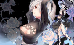 Rule 34 | 1girl, arms up, barefoot, black dress, black hairband, breasts, cleavage cutout, clothing cutout, dress, feather-trimmed sleeves, flower, gekka nanako, hairband, highleg, highleg leotard, juliet sleeves, leotard, long sleeves, looking at viewer, medium breasts, mole, mole under mouth, nier (series), nier:automata, nipples, no blindfold, parted lips, puffy sleeves, red eyes, resolution mismatch, rose, short hair, solo, white leotard, 2b (nier:automata), zoom layer