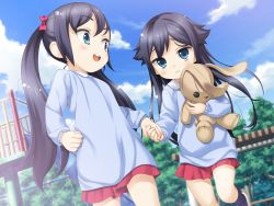 Rule 34 | 2girls, aida takanobu, blue eyes, blue hair, blue sky, blush, bow, child, cloud, day, flat chest, holding hands, highres, holding, kimishima ai, kimishima aya, kindergarten uniform, long hair, long sleeves, looking at another, looking back, multiple girls, open mouth, outdoors, playground, pleated skirt, red bow, siblings, sisters, skirt, sky, sono hanabira ni kuchizuke wo, stuffed animal, stuffed toy, thighs, twins, uniform, aged down