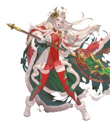 Rule 34 | 1girl, blue eyes, cape, damaged, diamond print, dress, edelgard von hresvelg, edelgard von hresvelg (snowfall future), fake horns, fire emblem, fire emblem: three houses, fire emblem heroes, gloves, green cape, high heels, highres, holding, holding polearm, holding weapon, horns, long hair, multicolored clothes, multicolored dress, nintendo, non-web source, official alternate costume, official art, open mouth, polearm, red cape, red dress, red thighhighs, simple background, solo, teeth, teffish, thighhighs, torn cape, torn clothes, upper teeth only, v-shaped eyebrows, weapon, white background, white dress, white footwear, white gloves, white hair