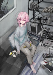 Rule 34 | 1girl, absurdres, ahoge, bad id, bad pixiv id, barefoot, cassette tape, commentary request, couch, glass table, grey pants, grey shirt, hair between eyes, hair bun, highres, indoors, long hair, long sleeves, on couch, original, pants, parted lips, pillow, pink hair, purple eyes, shiodome oji, shirt, side bun, single hair bun, single side bun, sitting, sleeves past wrists, solo, table
