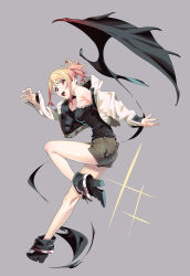 Rule 34 | 1girl, absurdres, animal print, armpits, bare shoulders, bat print, black shirt, blonde hair, boots, breasts, claw pose, commentary, curled fingers, detached wings, fangs, full body, henken, high heel boots, high heels, highres, hood, hoodie, knee up, large breasts, leg up, looking at viewer, nail polish, open clothes, open hoodie, open mouth, original, ponytail, red nails, shirt, short hair, short shorts, shorts, sienna (henken), sleeveless, sleeveless shirt, smile, solo, sparkle background, teeth, vampire, wings