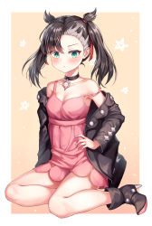 Rule 34 | 1girl, absurdres, aqua eyes, asymmetrical bangs, asymmetrical hair, bare shoulders, black hair, black jacket, black nails, blush, breasts, choker, collarbone, commentary request, creatures (company), dress, earrings, frown, game freak, hair ribbon, haneiro, highres, jacket, jewelry, long hair, long sleeves, looking at viewer, marnie (pokemon), medium breasts, nail polish, nintendo, open clothes, pink dress, pokemon, pokemon swsh, red ribbon, ribbon, solo, twintails