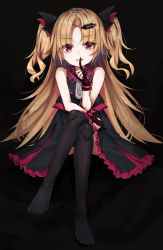 Rule 34 | 1girl, akatsuki uni, amagasa yun, bare arms, black background, black thighhighs, blonde hair, bow, crossed legs, dress, feet, finger to mouth, frilled dress, frills, full body, gloves, hair ornament, hairclip, highres, long hair, looking at viewer, no shoes, parted bangs, parted lips, partially fingerless gloves, pink eyes, shushing, sitting, sleeveless, sleeveless dress, slit pupils, solo, thighhighs, two-tone dress, two side up, uni create, very long hair, virtual youtuber