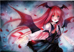Rule 34 | 1girl, :d, bat wings, blush, dated, female focus, head wings, koakuma, long hair, long sleeves, mosho, necktie, open mouth, painting (medium), red eyes, red hair, red necktie, signature, smile, solo, touhou, traditional media, watercolor (medium), wings