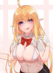 Rule 34 | 1girl, absurdres, ahoge, bad id, bad pixiv id, blonde hair, blue eyes, blush, bow, bowtie, breasts, cleavage, closed mouth, commentary request, elach, elf, gloves, hair between eyes, twirling hair, hand up, highres, large breasts, licking lips, long hair, long pointy ears, looking at viewer, original, pointy ears, red bow, solo, tongue, tongue out, very long hair, white gloves