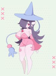 Rule 34 | absurdres, aliceyawnin, bare shoulders, black panties, blush, breasts, closed mouth, covered erect nipples, creatures (company), dress, fusion, game freak, gardevoir, gen 3 pokemon, gen 8 pokemon, hair over one eye, hat, hatterene, highres, large breasts, long hair, long sleeves, looking at viewer, nintendo, original, panties, pokemon, pokemon (creature), purple hair, red eyes, sidelocks, simple background, smile, thighs, underwear, witch hat