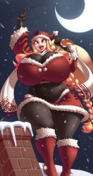 Rule 34 | 1girl, arina, bag, blonde hair, bodysuit, breasts, brown eyes, bursting breasts, cleavage, curvy, dotil, eyelashes, eyeshadow, fangs, gigantic breasts, happy, hat, highres, holding, lips, long hair, makeup, navel, night, open mouth, original, outdoors, plump, santa hat, scarf, shiny clothes, shiny skin, skin tight, sky, smile, smokestack, snow, solo, standing, thick thighs, thighs, very long hair, wide hips, wide sleeves