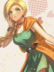Rule 34 | 1girl, belt, bianca (dq5), black belt, blonde hair, blue eyes, bracelet, braid, breasts, cape, collarbone, commentary, cowboy shot, dragon quest, dragon quest v, dress, earrings, eyelashes, green dress, hair behind ear, hair over shoulder, hand on own face, hand up, heart, heart background, highres, jewelry, light blush, long hair, looking at viewer, low-tied long hair, macho ojiji, medium breasts, neck ring, orange cape, parted lips, single braid, sleeveless, sleeveless dress, solo, swept bangs, twitter username