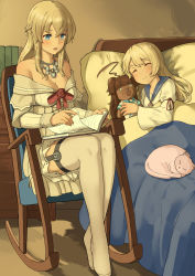 Rule 34 | 2girls, absurdres, ahoge, bad id, bad pixiv id, bear, bed, blanket, blonde hair, blue eyes, book, braid, breasts, brown hair, cat, chair, character doll, cleavage, closed eyes, corset, dress, flower, french braid, garter straps, highres, holding, holding book, huge ahoge, jervis (kancolle), jewelry, kantai collection, kuma (kancolle), long hair, long sleeves, lying, multiple girls, name connection, necklace, hugging object, off-shoulder dress, off shoulder, on side, osananajimi neko, pillow, reading, red flower, red ribbon, red rose, ribbon, rocking chair, rose, school uniform, serafuku, sitting, sleeping, thighhighs, warspite (kancolle), white dress, white legwear