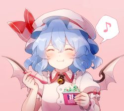 Rule 34 | 1girl, 60mai, ^ ^, baskin-robbins, bat wings, blue hair, blush, closed eyes, commentary request, eating, facing viewer, fang, fang out, food, hair between eyes, hat, ice cream, medium hair, mob cap, musical note, puffy short sleeves, puffy sleeves, remilia scarlet, short sleeves, single wrist cuff, smile, solo, spoken musical note, spoon, touhou, upper body, wings, wrist cuffs