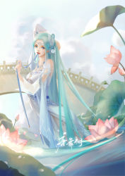 Rule 34 | 1girl, absurdres, blue eyes, blue hair, blue sky, bridge, cloud, douluo dalu, dress, flower, hair rings, highres, long hair, lotus, mouth hold, ribbon, ribbon in mouth, ripples, sky, solo, tang wutong (douluo dalu), tang wutong tongren she, upper body, water, white dress