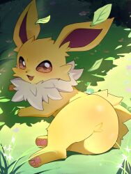 Rule 34 | absurdres, creatures (company), day, falling leaves, flong, flower, full body, game freak, gen 1 pokemon, grass, highres, jolteon, leaf, looking at viewer, lying, nintendo, no humans, on grass, on side, open mouth, outdoors, pokemon, pokemon (creature), solo, white flower