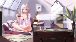 Rule 34 | 1girl, armchair, azur lane, bad id, bad pixiv id, bare legs, barefoot, blonde hair, blue eyes, blush, breasts, chair, closed mouth, collarbone, commission, crossed legs, cup, drawing (object), english text, feet, full body, hair ribbon, heterochromia, holding, holding cup, legs, lips, long hair, looking at viewer, medium breasts, mirror, murmansk (azur lane), murmansk (sceneries of pure snow) (azur lane), nail polish, necomilk, nightgown, official alternate costume, orange nails, pillow, purple eyes, ribbon, skeb commission, smile, solo, steam, toenail polish, toenails, white nightgown, window