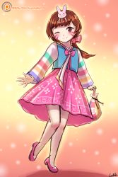 Rule 34 | 1girl, aged down, alternate costume, artist name, blush, brown eyes, brown hair, d.va (overwatch), facial mark, gradient background, hair ornament, hair ribbon, hanbok, holding, korean clothes, light particles, long hair, long sleeves, looking at viewer, lumineko, orange background, overwatch, overwatch 1, palanquin d.va, patreon, patreon username, pink footwear, pink skirt, ponytail, rabbit hair ornament, ribbon, shoes, signature, sketch, skirt, smile, solo, striped, striped sleeves, traditional clothes, watermark, web address, whisker markings, yellow background
