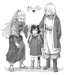 Rule 34 | 3girls, aged down, braid, cat girl, detached hood, dungeon meshi, elf, falin touden, falin touden (tallman), hair around ear, highres, marcille donato, monochrome, multiple braids, multiple girls, nayep, pointy ears, robe, short hair, simple background, smile, sprout